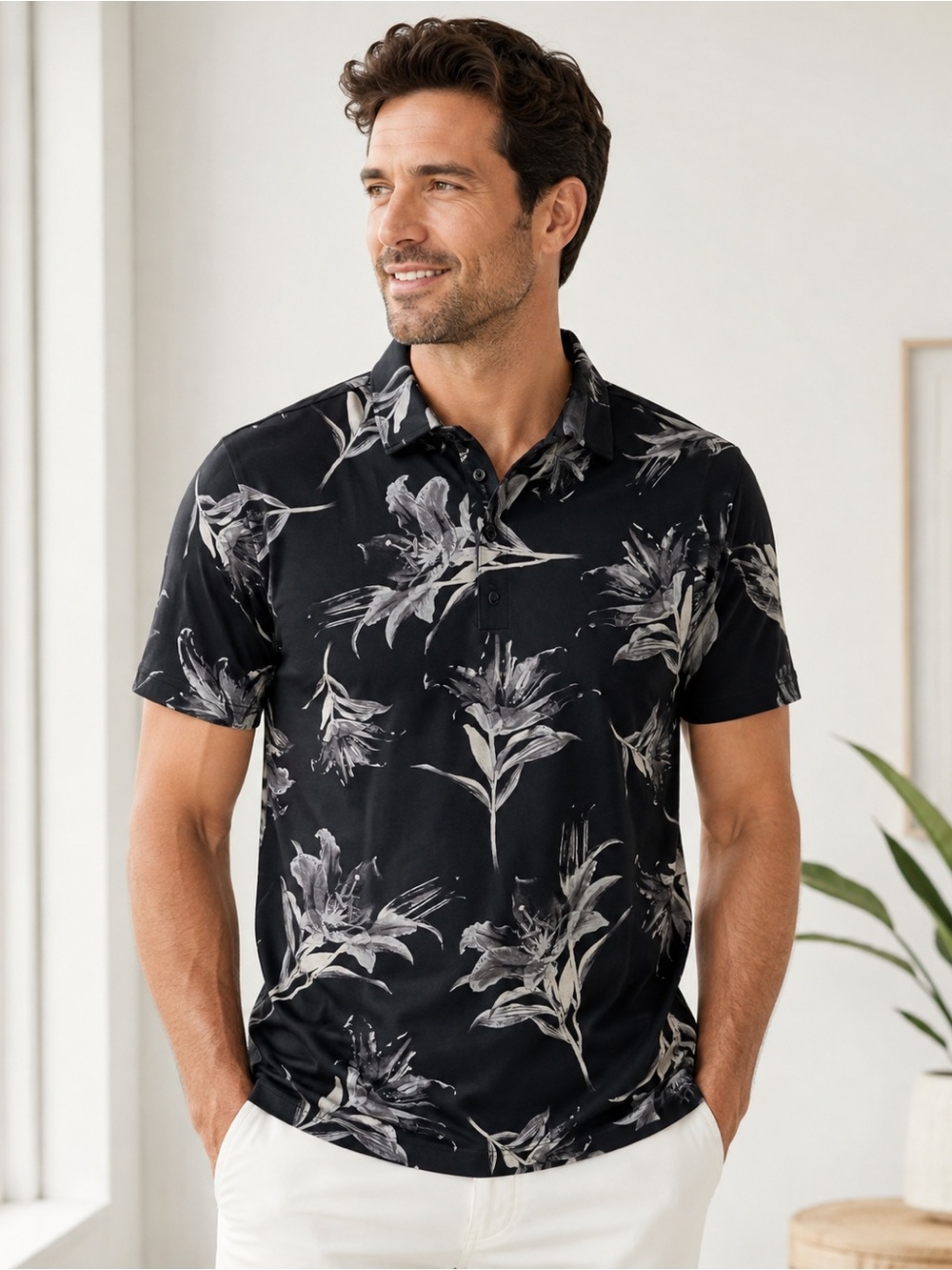 Express Black Floral-Print Short Sleeve Polo